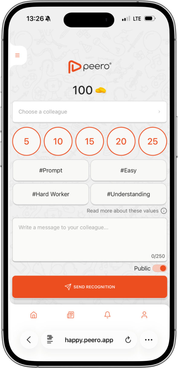 Sending a recognition inside the Peero app