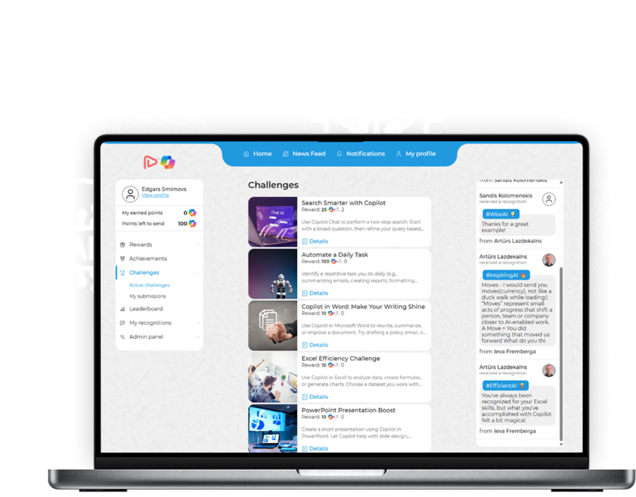 The Peero challenge library on a laptop — Copilot challenges for search, Word, Excel and PowerPoint, beside a live recognition feed