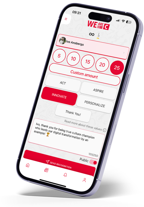A phone showing a recognition being sent to Ivo Ansbergs, tagged with the value Innovate